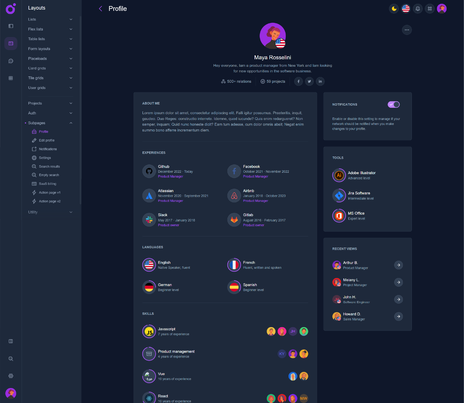 Tairo demo screenshot darkmode